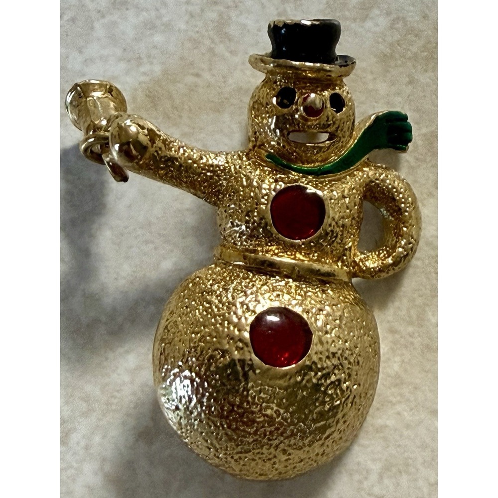 Vintage ENAMELED Gold-Tone Snowman with Bell Dangle Christmas Brooch / Pin